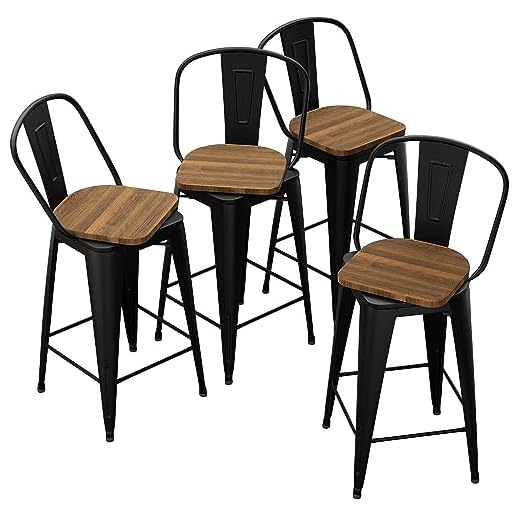 Andeworld 24 Inch Swivel Bar Stools Industrial Metal Barstools High Back Dining Bar Chairs Counter Height Stools with Wooden Seat Set of 4(24 inch Black)