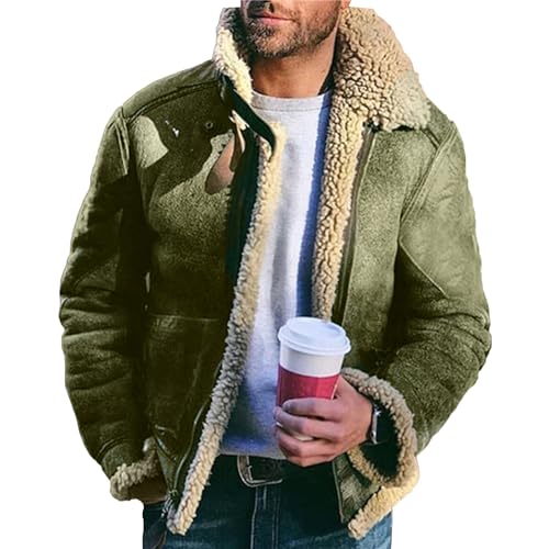Men's Faux Leather Fleece Jacket Fur Collar Leather Heavyweight Jackets Sherpa Lined Retro Motorcycle Coat, Military Green, 3X-Large