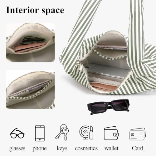 hibear Slouchy Shoulder Bag Small Nylon Meringue Bag for Women Trendy Handbag Hobo Bags for Travel Work College (Green stripes) - image 5