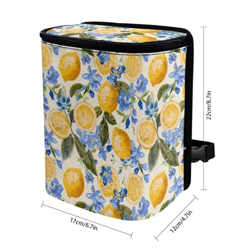 Image of Talayituse Lemon Floral Print Car Trash Can with Adjustable Straps, Foldable Car Trash Bag Bin Car Garbage Bag Multipurpose Storage Box for Vehicle Travel Camping Picnicing