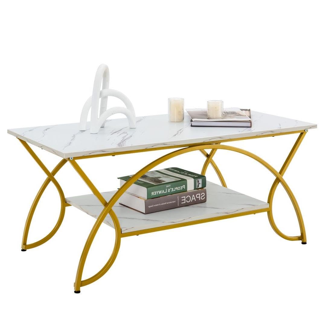 Multigot 2-Tier Coffee Table, Rectangular Accent Center Table with Storage Shelf & Adjustable Foot Pads, Faux Marble Cocktail Snack Tea Table for Living Room Bedroom Office (Marble White+Golden)