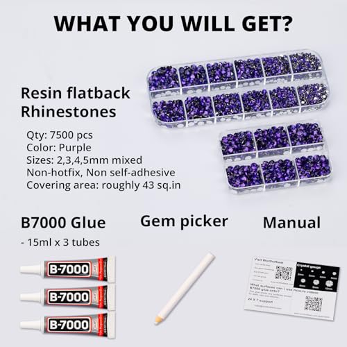 7500Pcs Purple Rhinestones Flatback with b 7000 Glue for Crafts Clothes Clothing, Flat Back Resin Crystal Gems for Shoes Shirt Sneakers, Mixed Sizes 6ss-20ss Diamonds