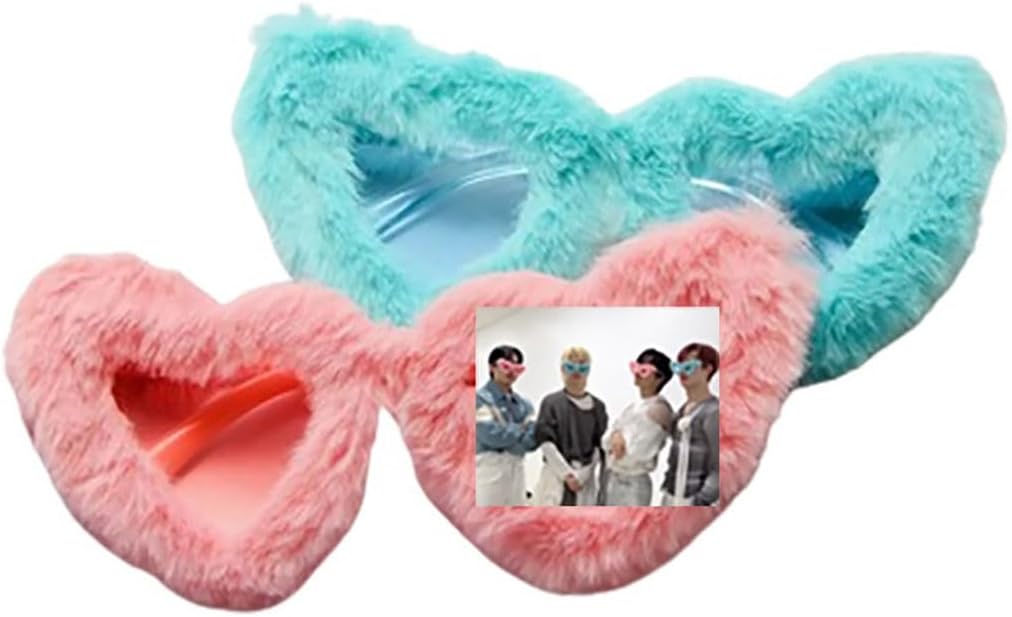 KPOP Straykids-style Fur Sunglasses Fuzzy Heart Shape Party Eyewear 樂-STAR Complex Version + Photocards Included