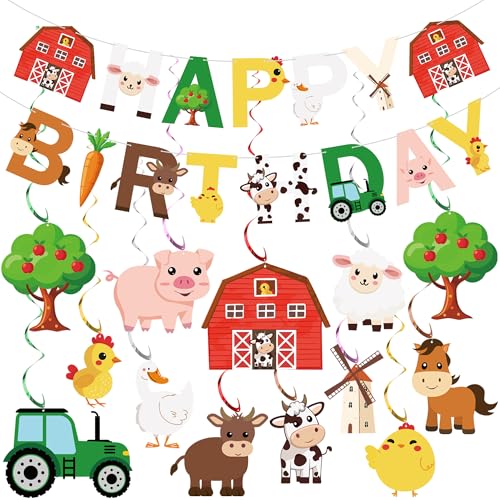 50 PCS Farm Animals Party Decorations Happy Birthday Banner and Hanging Swirls Animal Theme Foil Hanging Streamers for Farm Theme Birthday Party Supplies