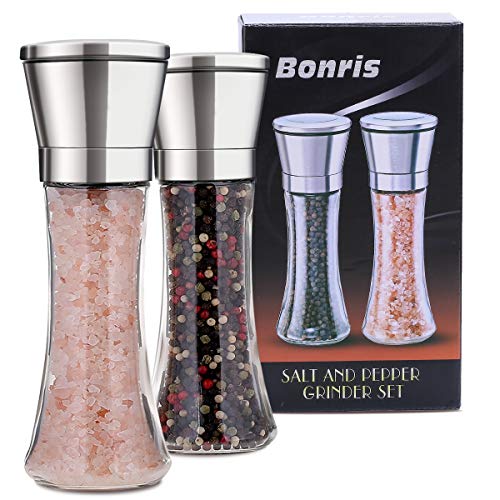 Molino de acero inoxidable profesional sal y pimienta set manual Spice ajustable la Coarseness con cinco nivel de molienda pimienta molino Grinders Shakers regalo conjunto con embudo de silicona Cover