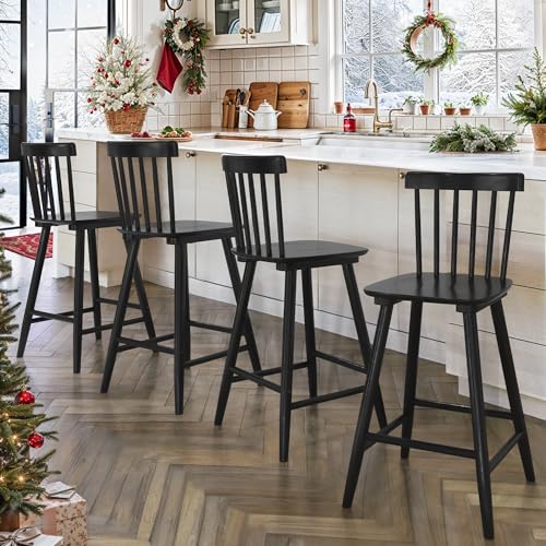 LUE BONA Set of 4 24-Inch Windsor Wooden Bar Stools for Kitchen Island - Black