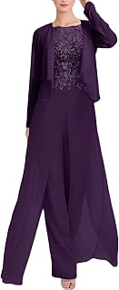 2 Pcs Mother of The Bride Jumpsuit for Wedding Guest Groom Dresses Lace Pant Suits Formal Outfit Sets with Jacket Women
