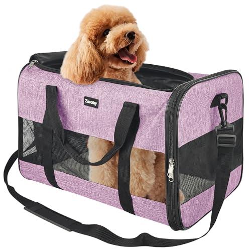 Zavothy Borsa per il trasporto per gatti e cani, borsa per il trasporto, traspirante e pieghevole, trasportino per gatti con tracolla regolabile, materasso in peluche rimovibile (viola, L)