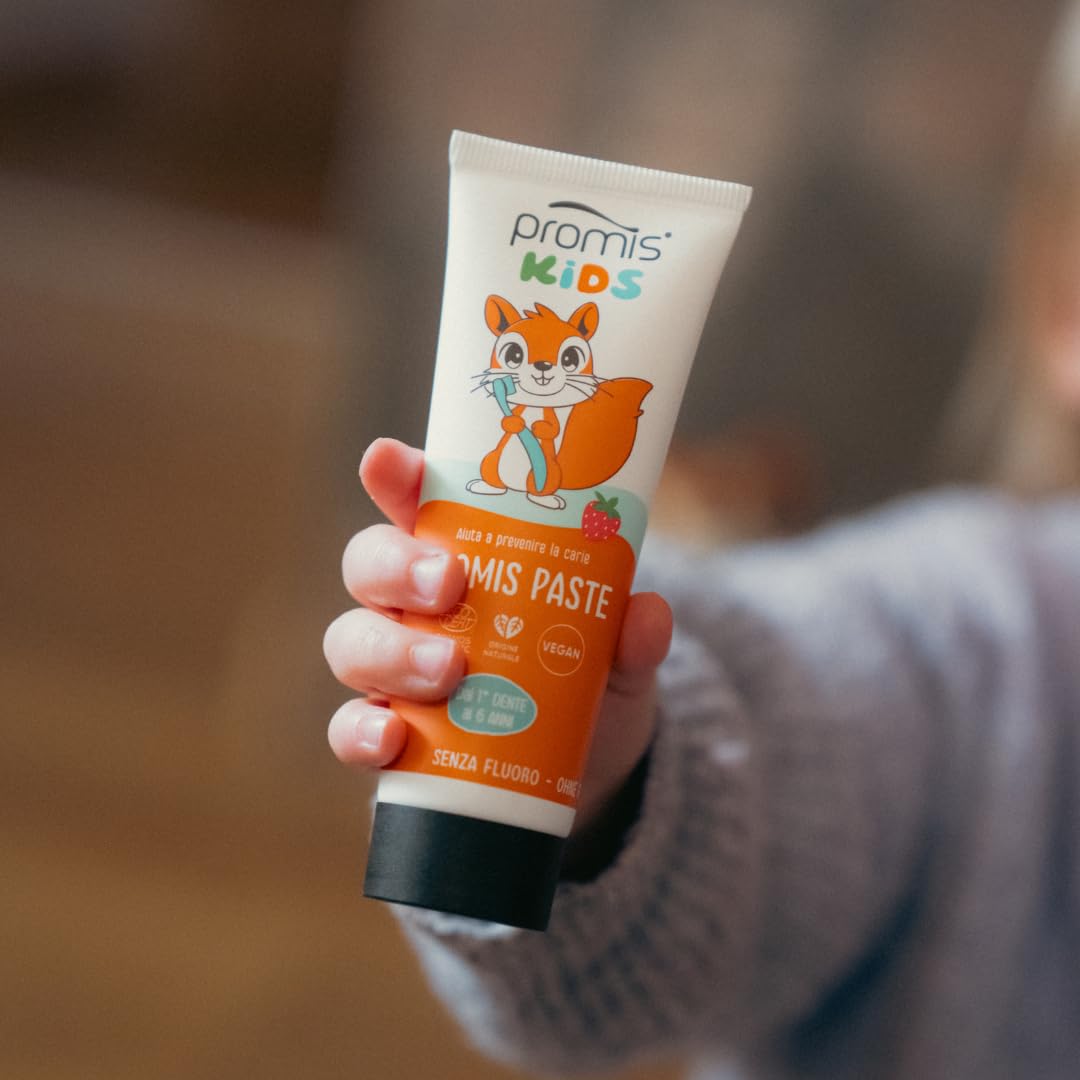 PROMIS Paste Kids 0–6 Anni, Senza Fluoro, Bio, Fragola e Sicuro Se Ingerito | Dentifricio con idrossiapatite anti-carie, formula delicata per l’igiene quotidiana dei denti da latte.