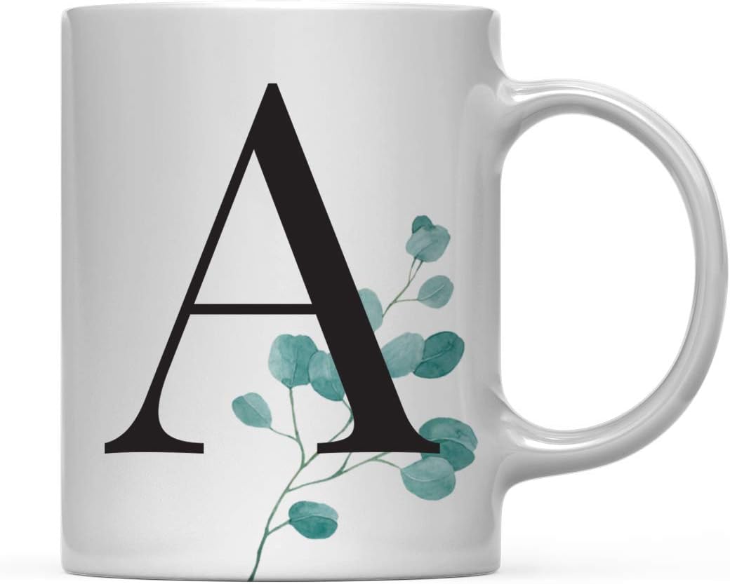 Andaz Press 11oz. Coffee Mug Gift, Eucalyptus Leaves Greenery, Initial Monogram Letter A, 1-Pack, Includes Gift Box, Christmas Birthday Mother's Day Graduation Coworker Present Ideas
