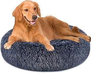 Purefun Dog Bed 90 cm Dark Grey Donut Dog Bed for Large Dogs Comfortable Round Dog Beds Ultra Soft Calming Dog Bed Anti-Slip Faux Fur Pet Bed, Bed for Dog and Cat Joint-Relief and Improved Sleep