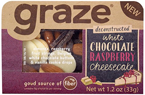 Graze White Chocolate Raspberry Cheesecake Mix with Almonds, Raspberry Fruit Strings, White Chocolate Buttons and Vanilla Cookie Drops, 1.2 Ounce Box, 9 Pack