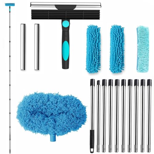 UHETLET 4 in 1 Teleskop Fensterwischer Abzieher Set Extra Lange Fensterputzer Set mit Stauber 3 Mikrofasertuchbürsten 2 Gummischaber 8 Teleskopstangen für hohe Fenster Innen Außen Bad Dusche Auto Glas