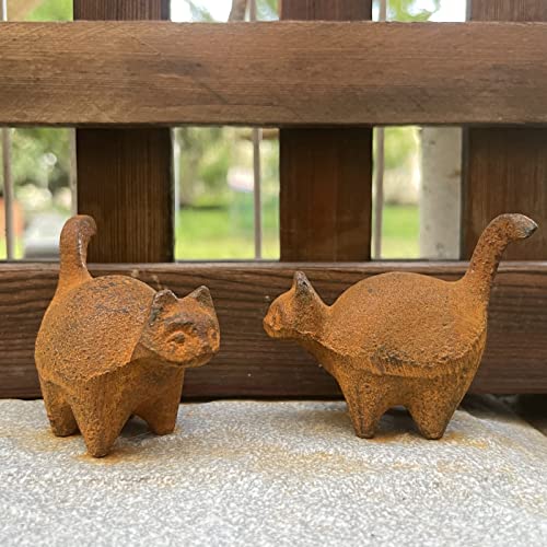 OwMell Set mit 2 Gusseisen-Katzenstatue, antike rostige Metallkatze Gartenstatue Figur, Ornament für drinnen und draußen, Haus, Garten, Terrasse, Hof, Rasendekoration - rostig Cover