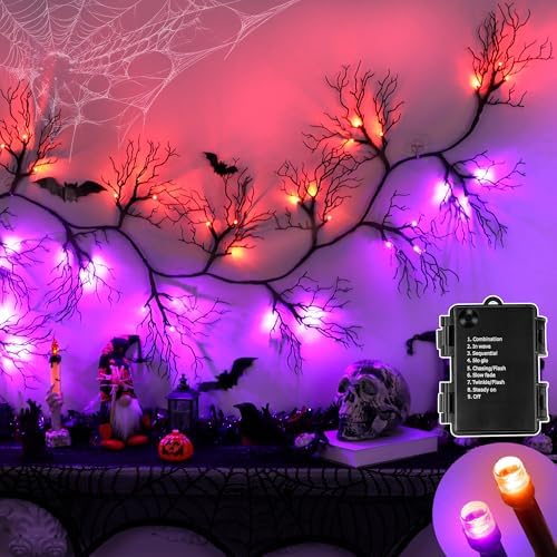 9 FT Halloween Lighted Twig Garland Decorations, 66 LED Orange Pu...