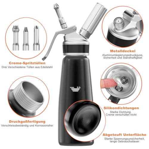 Sahnespender 500 ml, Professioneller Aluminium Sahnesiphon, mit 3 Edelstahl Deko-Düsen 3 Kunststoffdüsen und 2 Reinigungbürste, Auslaufsicherer sahnesiphon für die Zubereitung von Schlagsahne, Creme,