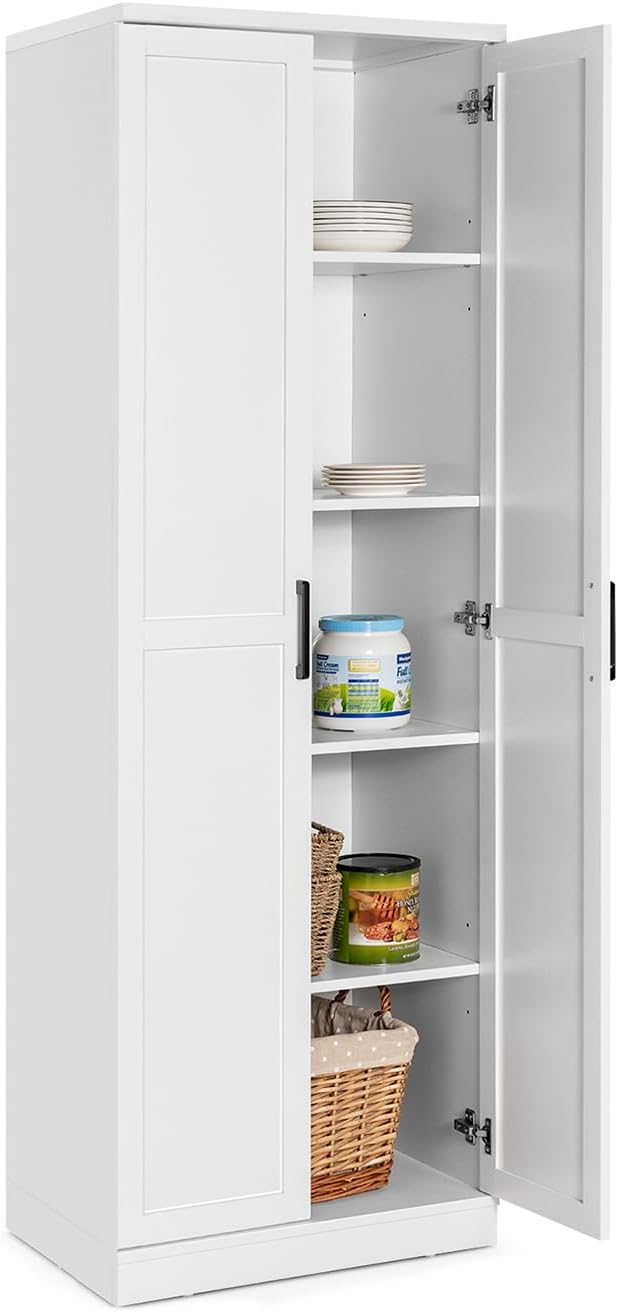 Armadio Alto di Stoccaggio a Pavimento con 2 Ante, Mobile Multiuso con Ripiani Regolabili, Armadietto di Stoccaggio in Legno Capacità di Carico di 90 kg, 59 x 43,5 x 178 cm (Bianco)