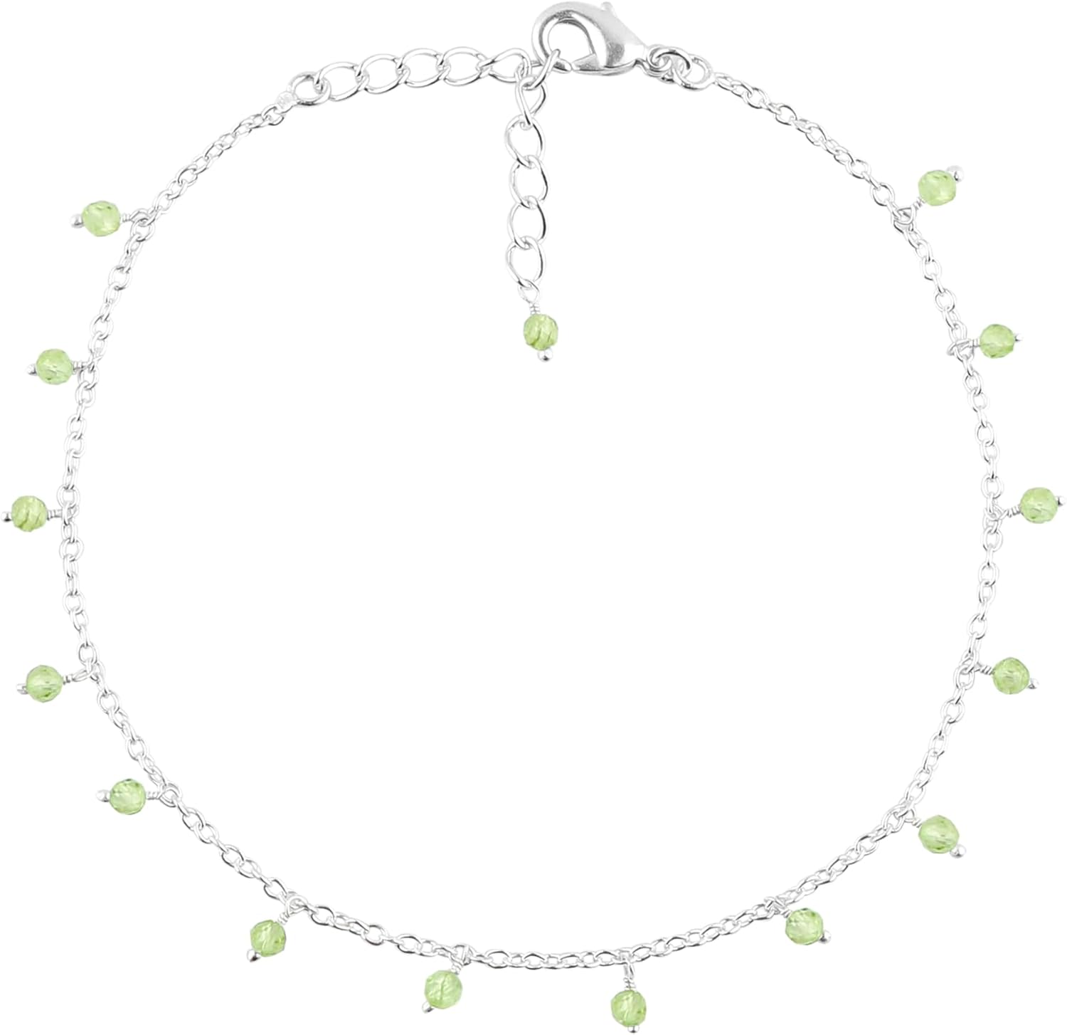 Natural Peridot Gemstone Anklet, Handmade Quartz Crystals Beads Ankle Bracelet, Hanging Silver Adjustable Jewelry, August Birthstone, Christmas Gift for Her (9+1.50 inch)