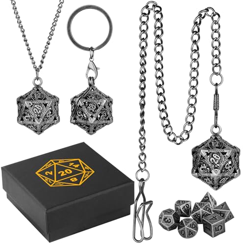 Miniatura 2 de Mini Set De Dados Dnd Con Llavero Portátil, Collar, Cadena Para El Bolsillo, Jaula Metálica Hueca D20 Dragón, Mini Set Poliédrico Metálico De 7 Piezas, Regalos D D Con Caja De Regalo, Plata Oscura