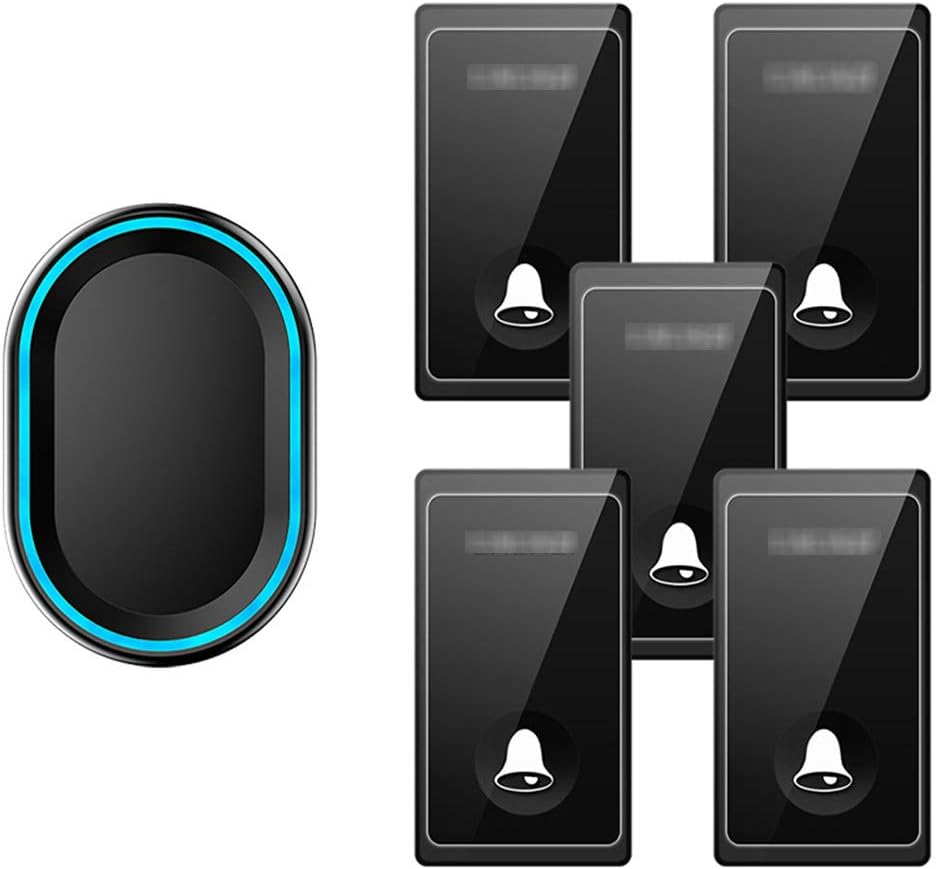 Wireless Doorbell,IP44 Waterproof Door Chime 5 Push Buttons and 1 Plug in Receivers with Blue Flash Light 4 Adjustable Volume Levels 58 Melodies,Fit for Home Office Store,2 (2 (1)