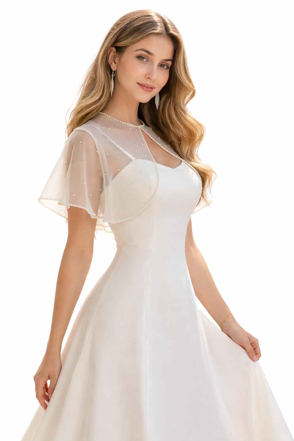 LOOMAURA Women's White Net Poncho Cape | Pearl Work Party Reflect Shrug | Wedding & party Cover-Up