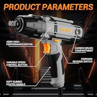 DEKOPRO Clé à Choc Électrique - 1/2" Boulonneuse à Choc Électrique 450W, Clef a Choc Haute Performance avec 4 Douilles (17/19/21/22mm) pour Voiture Familiale/Camionnette/Tondeuse