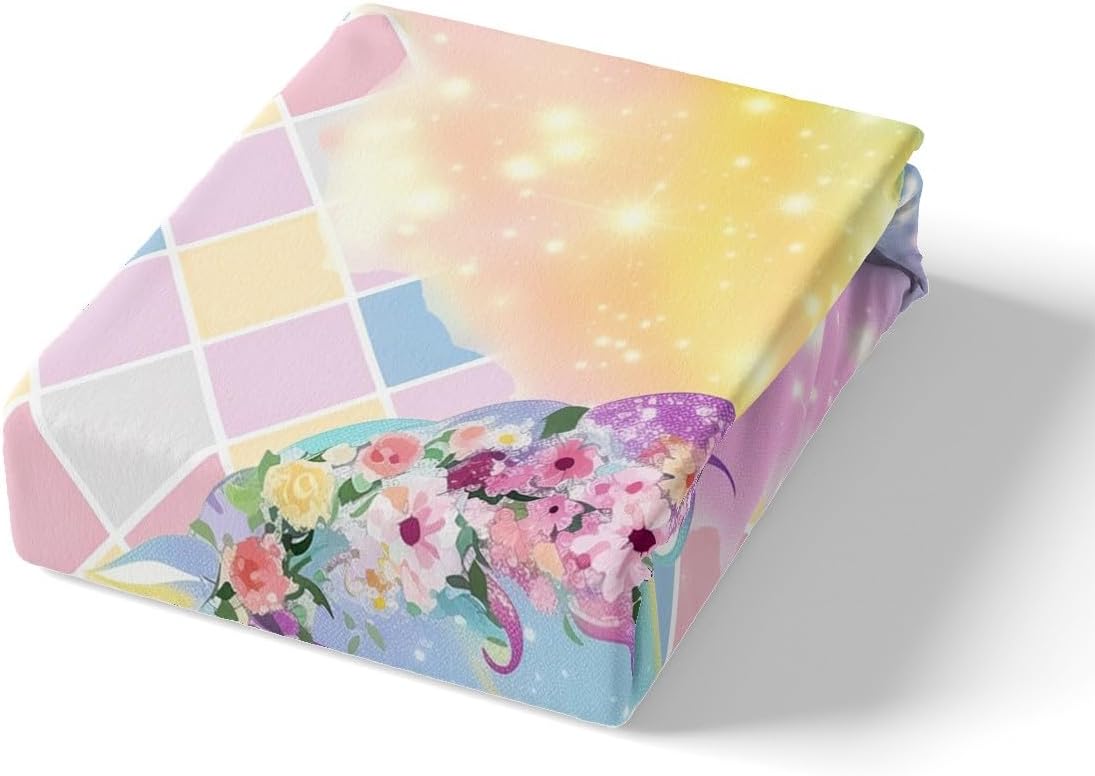 Unicorn Glitter Duvet Cover Set Toddler Size,Pink Flowers Bedding Set for Kids Boys Girls Room Decor,Colorful Grid Comforter Cover,Dreamy Unicorn Quilt Cover with 1 Pillowcase(No Comforter)