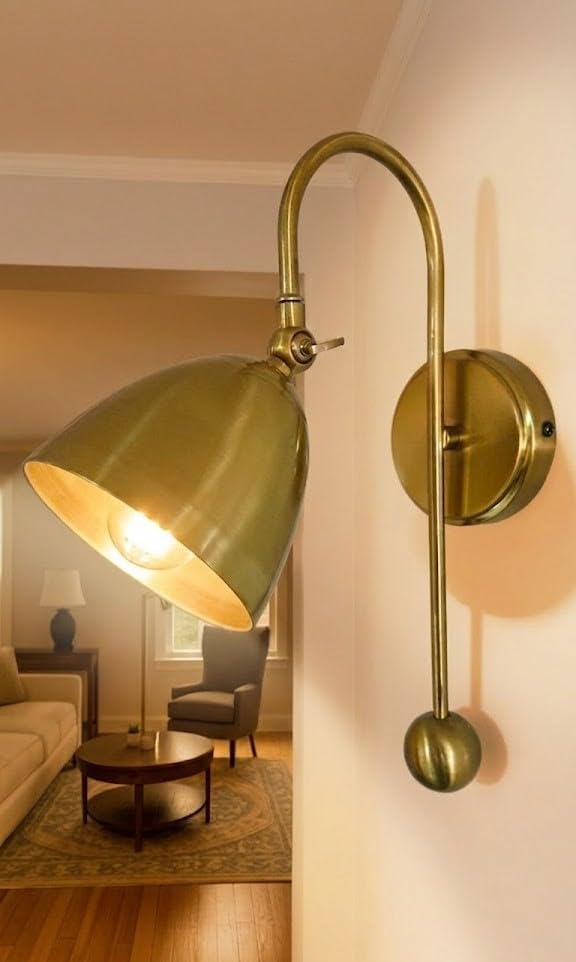 Image of Antique Gold Adjustable Wall Lamp | E27 Holder with Free LED Filament Bulb | Premium Metal Wall Lamp for Living Room, Bedroom & Study