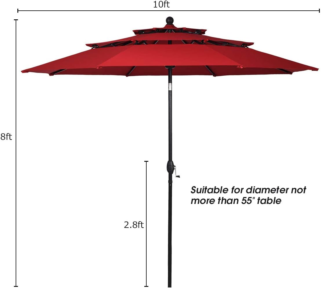 Tangkula 10 Ft 3 Tier Patio Umbrella, Outdoor Aluminum Double Vented Tilt Umbrella with Crank, for Market, Backyard, Poolside, Garden (Burgundy)