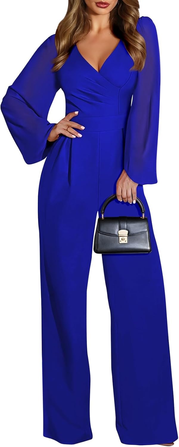 Pink Queen Jumpsuits for Women Dressy Patchwork Chiffon Sleeve V Neck Wide Leg Romper Holiday Party Outfits