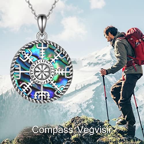 CUPENDA Viking Compass Necklace Sterling Silver Runes Vegvisir Pendant Necklace Abalone Shell Norse Amulet Jewellery Valentine's Day Gift for Women Men