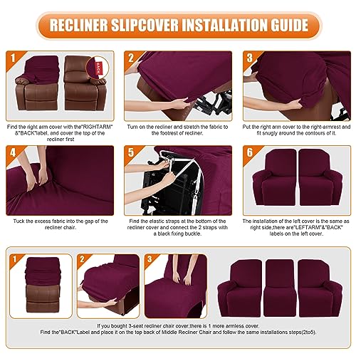 Image of VANSOFY Recliner Cover, 3-Pieces Stretch Reclining Couch Covers with Pockets Reclining Sofa Slipcovers 3 Seater Soft Washable Furniture Protector for Dogs Cats(Burgundy)
