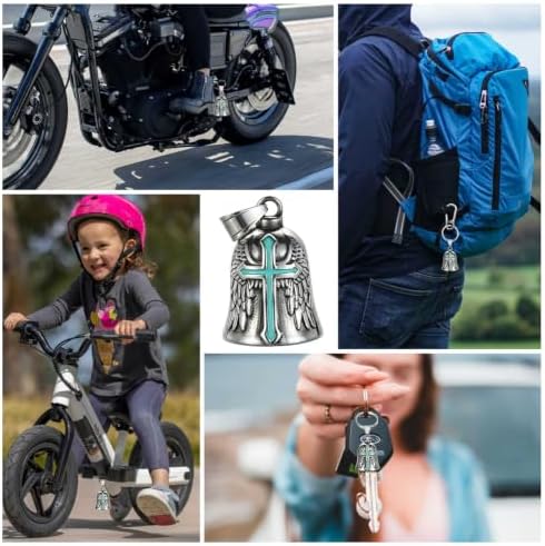 CTZSR Motorcycle Bell Guardian Angel - Good Luck Charm Gift For Rider Men Kids Friends With Gift Box, Legend Card, Keychain And Hanger & Weather-resistant Gremlin Bells For Bike Car (A-Cyan) — view 4