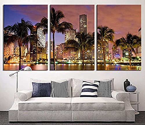Tanda Large Art Canvas Print Miami Beach Skyline Night Cityscape Miami City Canvas Print Miami Night Art Canvas Print Unsleep City Ny City 20 Inch Each Panel 60 Inch Total #TOP2