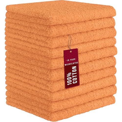 Image of DecorRack 10 Pack 100% Cotton Wash Cloth, Luxurious Soft, 12 x 12 inch Ultra Absorbent, Machine Washable Washcloths, Apricot (10 Pack)