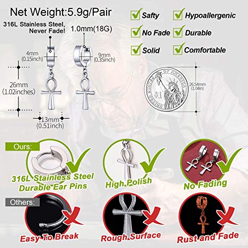 Faithheart Stainless Steel Ankh Cross Dangle Hinged Hoop Earrings, Women Hoop Huggie Earrings Egyptian Cross Drop Dangle Earrings-Silver #TOP2