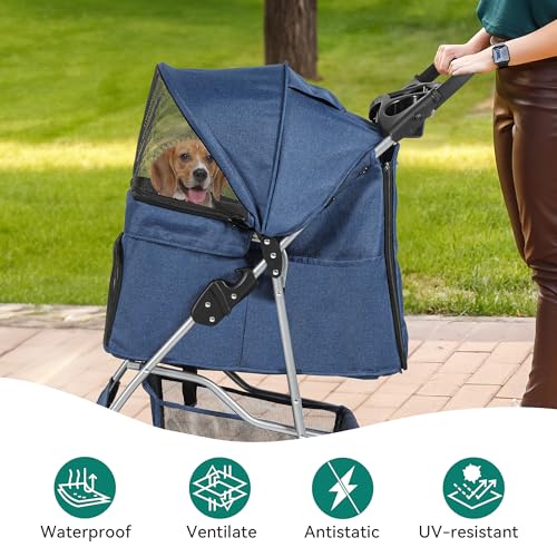 YITAHOME Haustierbuggy für mittelgroße Hunde, 4-Rad-Hundebuggy mit Aufbewahrungskorb, faltbarer Haustier-Reisewagen mit Getränkehalter und Aufbewahrungskorb (Blau)
