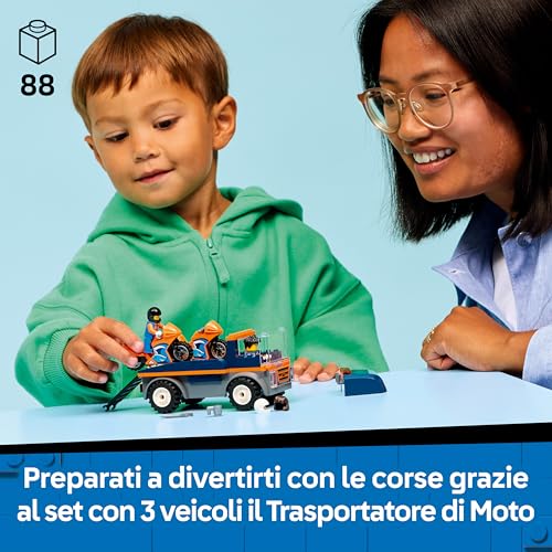 City Trasportatore di Moto - Giocattolo per lo Sviluppo della Motricità Fine con Camion, 2 Motociclette, 2 Minifigure, Rampa e Accessori - Regalo di Compleanno per Bambini da 4 Anni in su - 60491 - Lego - Immagine 1