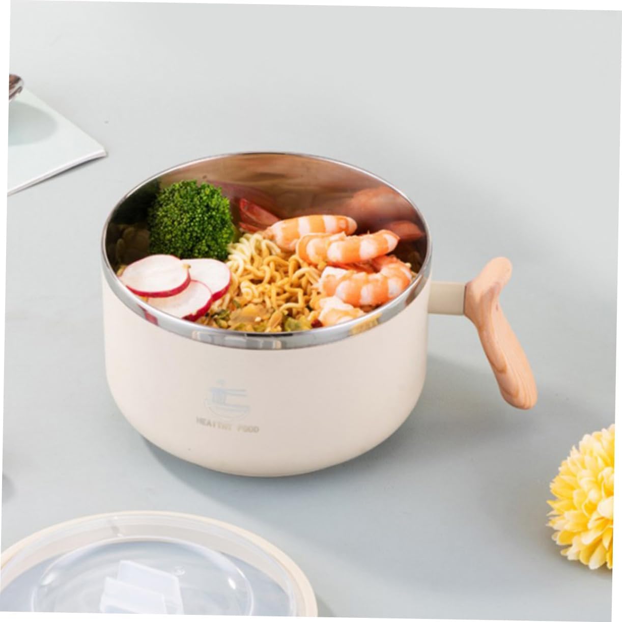 304 Stainless Steel Handle Noodle Bowl with Lid 1200ml White