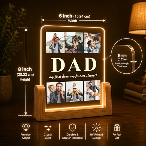 Image of Giftplease Rectangular Acrylic Wood Tabletop Photo Frame for Fathers Day | Custom Picture Layout Warm Led Light Base Desktop Night Decor Standee for Papa Dad Husband Stepdad Grandfather