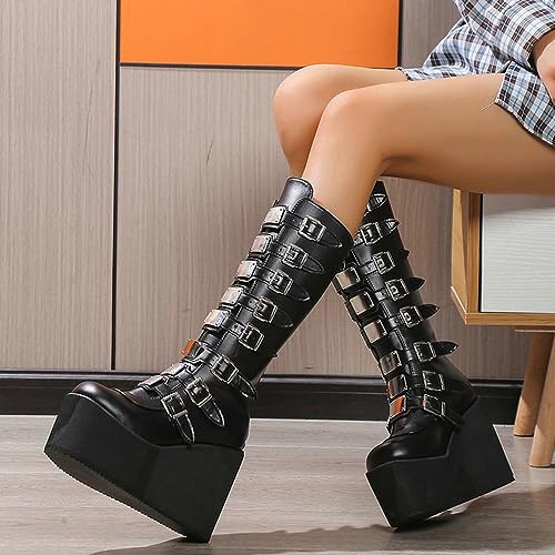 Image of Parisuit Women's Knee High Goth Platform Boots Lace Up Combat Boots | Chunky High Heel, Buckle Boots, Punk Chain Boots