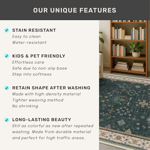 Dark Green Oushak 2x4 Entryway Rug - Modern Vintage Boho Eclectic Floral Pastel, Washable Low Pile Non-Slip Small Throw Area Rugs for Door Mat Indoor Entrance, Kitchen, Bathroom, Bedroom, Laundry by Hazo Haus - Image 6