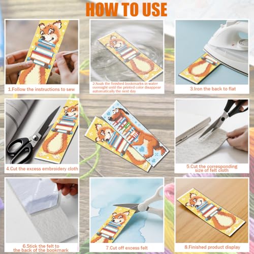 Image of FREEBLOSS 6 Set Cross Stitch Bookmark Kit 11 CT Stamped Cross Stitch Kit DIY Embroidery Bookmark Kits for Adult Beginners with Instructions, Animal Books, 6 x 20 cm /8 inch x 2.4 inch