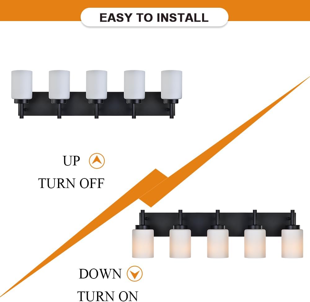 VINLUZ Metal Matte Black Bathroom Lighting Fixtures,5 Light Industrial Metal Vanity Lighting with White Glass Shades Wall Sconces for Hallway Dressing Table