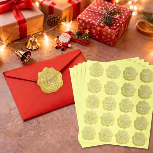 image for PigPotParty 100 PCS Merry Christmas Stickers for Envelopes, Gold Chris
