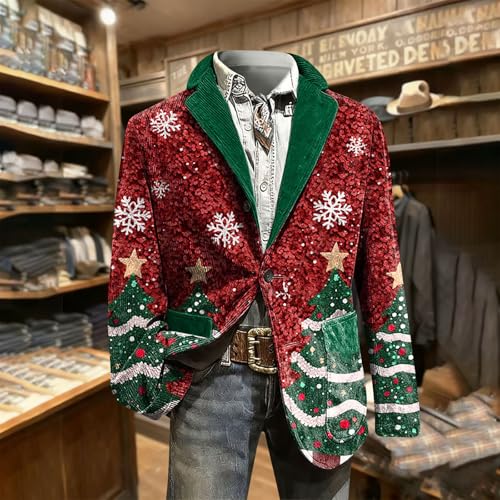 Weihnachtsmantel Herren Cord Retro Weihnachten Herrenjacke Button Down Weihnachtsmann Mantel Slim Fit Weihnachtsblazer Weihnachtsmotiv Weihnachtsjacken mit Taschen Wintermode Langarm Freizeitjacke