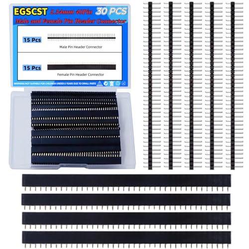 EGSCST 30PCS 2.54mm Male and Female Pin Headers Connector 40Pin Single Row Breakaway Stackable Header Pins Connectors for Arduino Prototype Shield and Electronic PCB Board