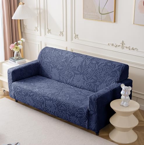 House of Quirk Universal Jacquard Waterproof Camellia Fabric Sofa Cover Soft Touching Cover for Couch Flexible Stretch Sofa Slipcover (Five Seater, Dark Blue)
