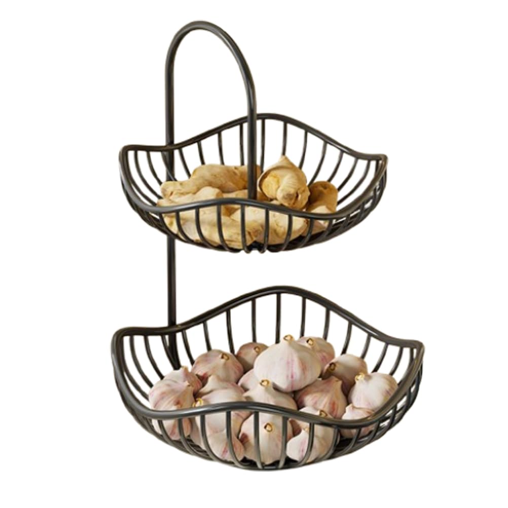 2 -warstwowy koszyk owocowy Taca Nowoczesna wydajna organizacja kuchnia czarny blat Organizator Solidna żelazna miska owocowa,B,30 * 40cm