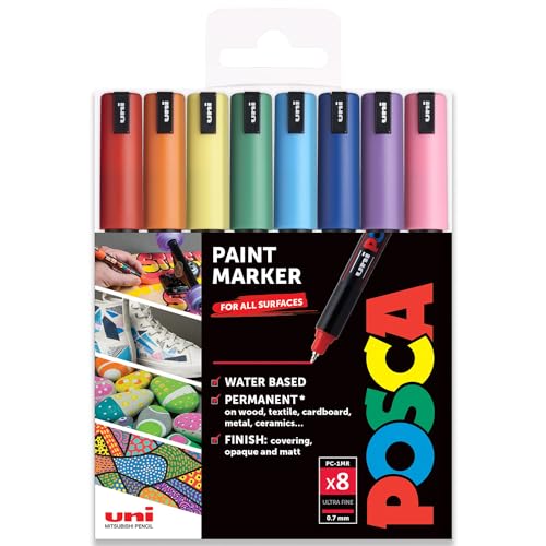 Posca Water Based Permanent Marker Paint Pen - Multi Surface Use - PC-1MR, 0.7mm Ultra Fine - Set of 8 in Gift Wallet - Rainbow Tones